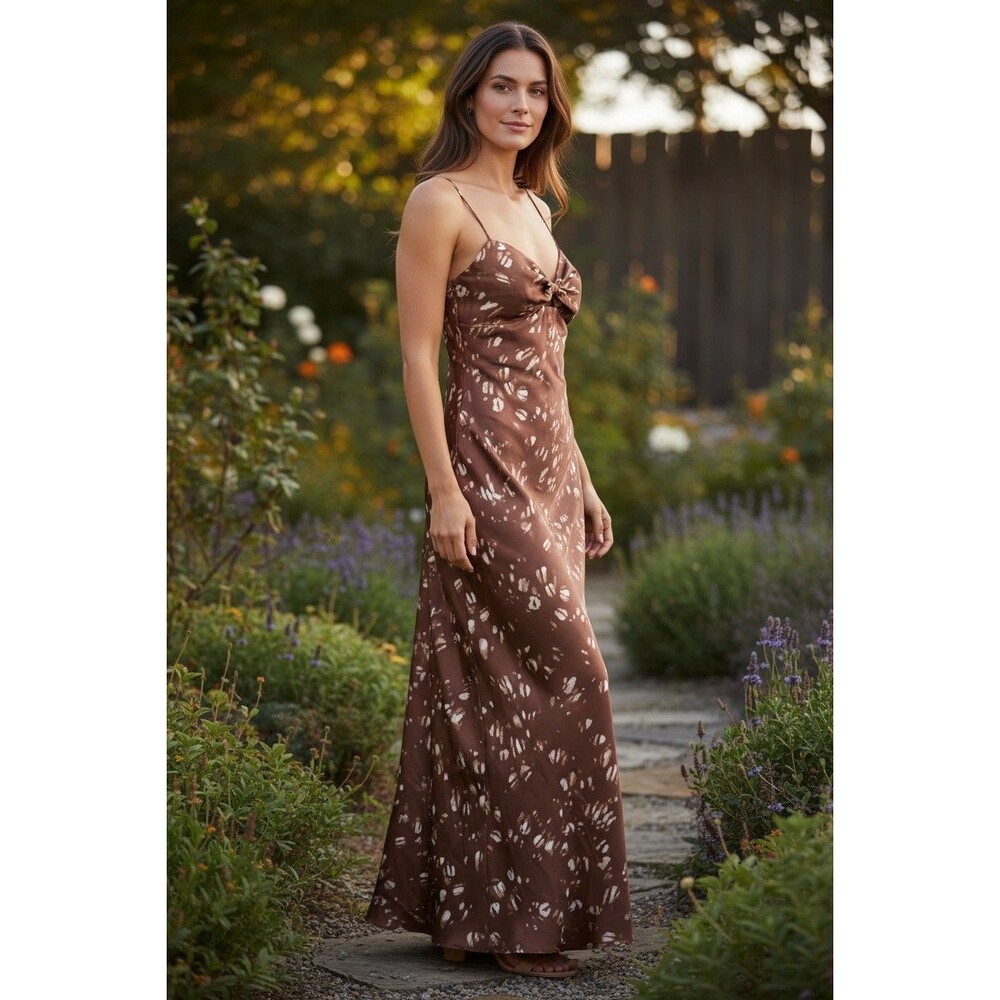 Brown Satin Slip Dress Abstract Animal Print Sweetheart Cutout Sz 14 Slit